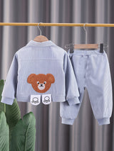 2pcs Toddler Boys Stylish Corduroy Outfit Set - Comfortable Casual Sportswear with Adorable Embroidered Bear Design, Complete Coat and Pants - Perfect for Spring and Autumn, Beige