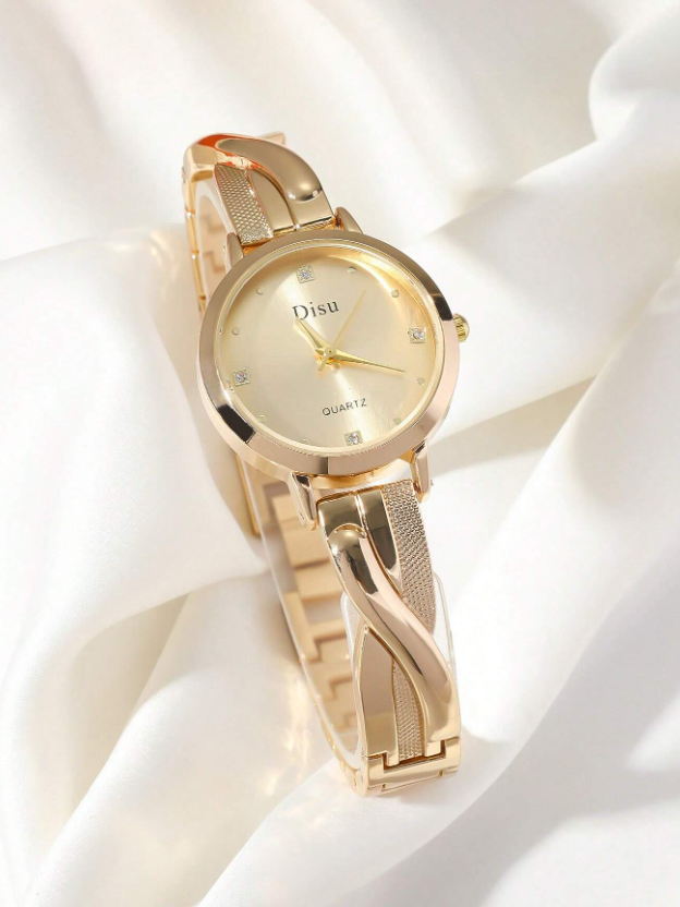 DISU Gold Stainless Steel Strap Ladies Watch, Classic And Versatile With Rhinestone